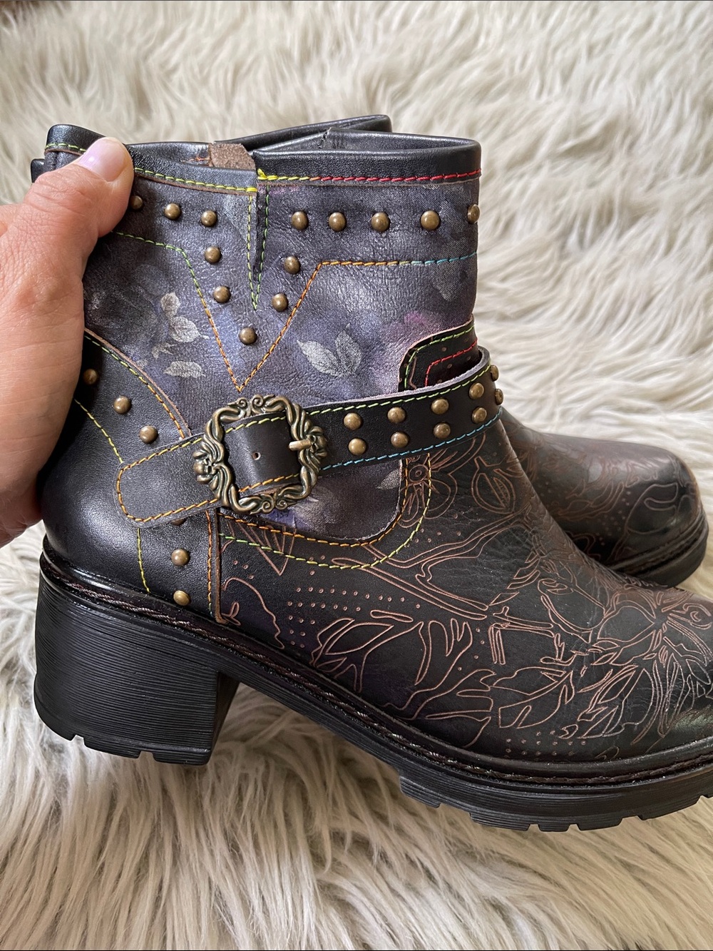 L'ATISTE Black Floral Studded Leather Ankle Booties with Buckle - Picture 5 of 8